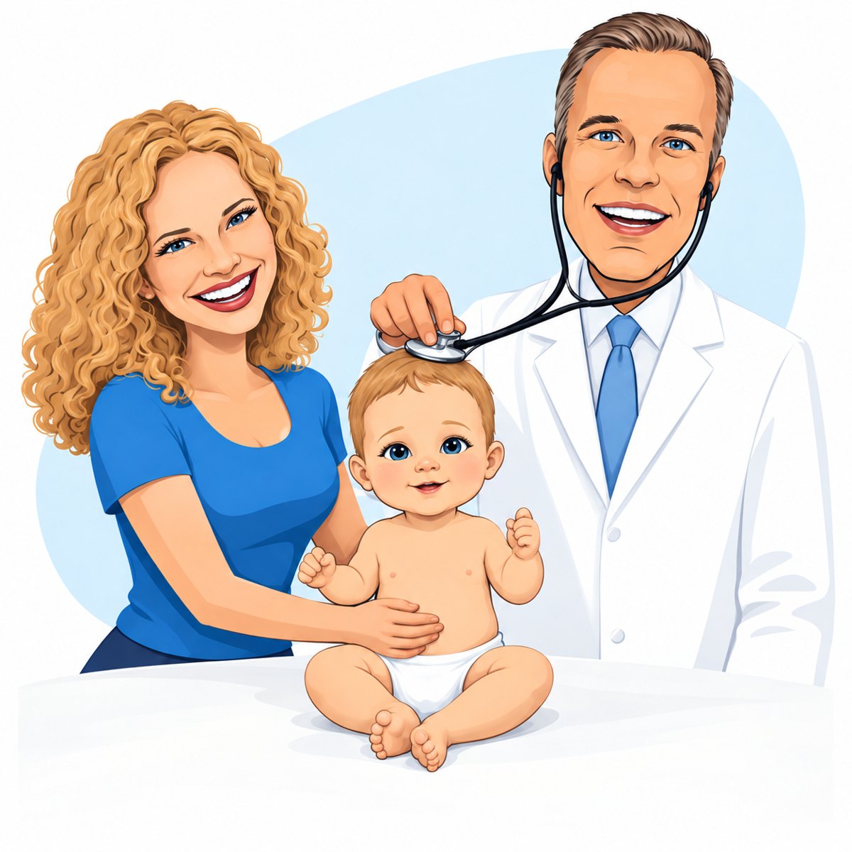 Illustration of Dr. Rogers examining a baby with a parent